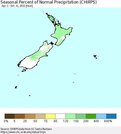 New Zealand Seasonal Percent of Normal Precipitation (CHIRPS) Thematic Map For 4/1/2022 - 10/31/2022