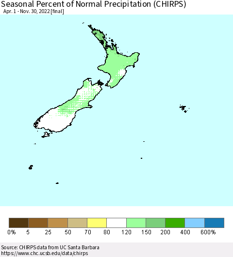 New Zealand Seasonal Percent of Normal Precipitation (CHIRPS) Thematic Map For 4/1/2022 - 11/30/2022
