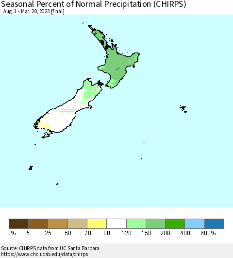 New Zealand Seasonal Percent of Normal Precipitation (CHIRPS) Thematic Map For 8/1/2022 - 3/20/2023