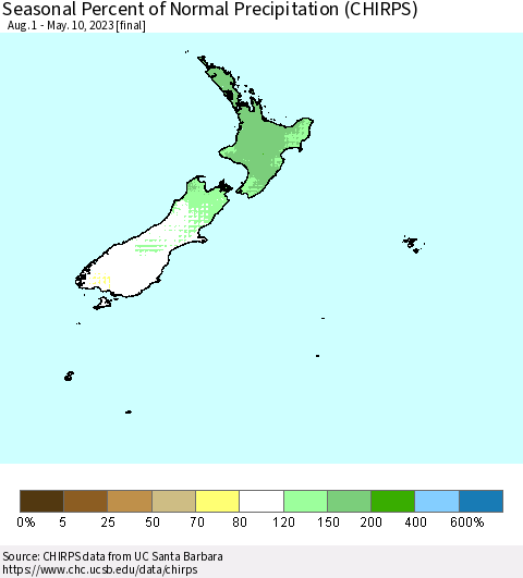 New Zealand Seasonal Percent of Normal Precipitation (CHIRPS) Thematic Map For 8/1/2022 - 5/10/2023