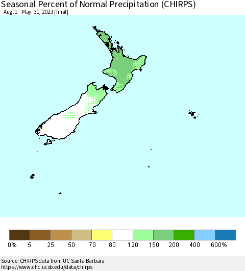 New Zealand Seasonal Percent of Normal Precipitation (CHIRPS) Thematic Map For 8/1/2022 - 5/31/2023