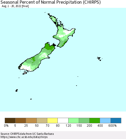 New Zealand Seasonal Percent of Normal Precipitation (CHIRPS) Thematic Map For 8/1/2022 - 8/20/2022