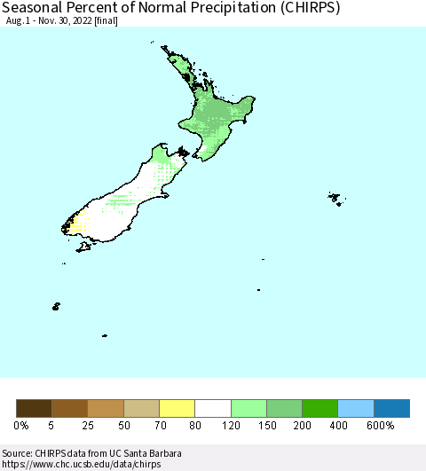 New Zealand Seasonal Percent of Normal Precipitation (CHIRPS) Thematic Map For 8/1/2022 - 11/30/2022