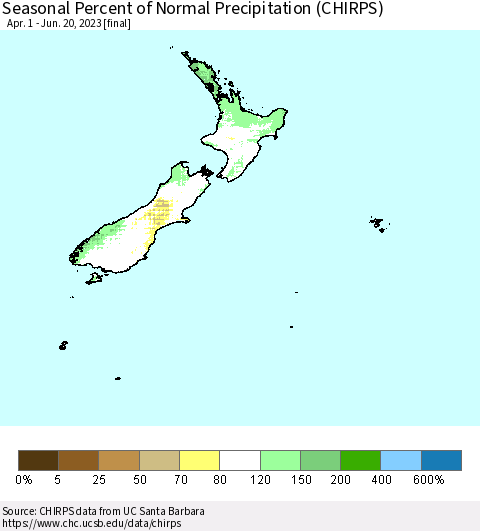 New Zealand Seasonal Percent of Normal Precipitation (CHIRPS) Thematic Map For 4/1/2023 - 6/20/2023