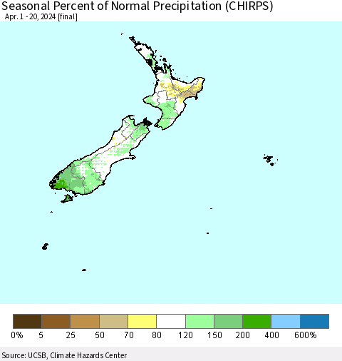 New Zealand Seasonal Percent of Normal Precipitation (CHIRPS) Thematic Map For 4/1/2024 - 4/20/2024