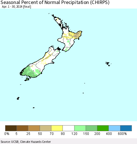 New Zealand Seasonal Percent of Normal Precipitation (CHIRPS) Thematic Map For 4/1/2024 - 4/30/2024