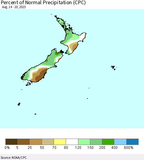 New Zealand Percent of Normal Precipitation (CPC) Thematic Map For 8/14/2023 - 8/20/2023