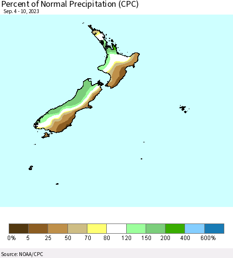 New Zealand Percent of Normal Precipitation (CPC) Thematic Map For 9/4/2023 - 9/10/2023