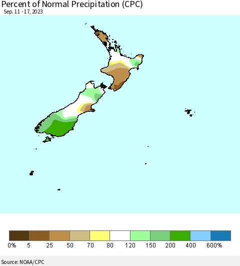 New Zealand Percent of Normal Precipitation (CPC) Thematic Map For 9/11/2023 - 9/17/2023
