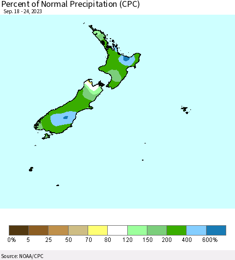 New Zealand Percent of Normal Precipitation (CPC) Thematic Map For 9/18/2023 - 9/24/2023