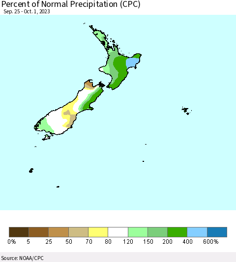 New Zealand Percent of Normal Precipitation (CPC) Thematic Map For 9/25/2023 - 10/1/2023