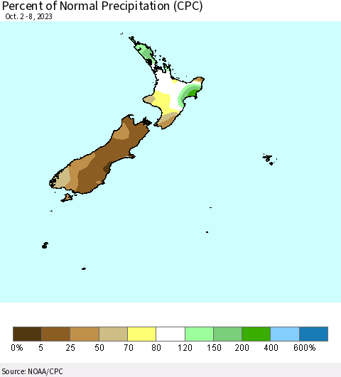 New Zealand Percent of Normal Precipitation (CPC) Thematic Map For 10/2/2023 - 10/8/2023