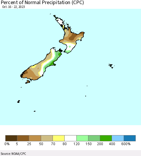 New Zealand Percent of Normal Precipitation (CPC) Thematic Map For 10/16/2023 - 10/22/2023