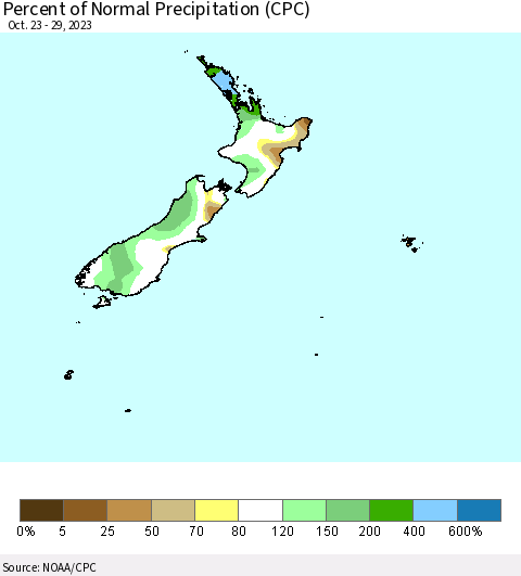 New Zealand Percent of Normal Precipitation (CPC) Thematic Map For 10/23/2023 - 10/29/2023