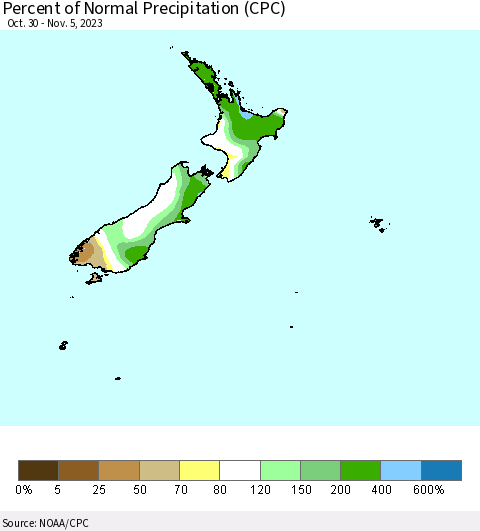 New Zealand Percent of Normal Precipitation (CPC) Thematic Map For 10/30/2023 - 11/5/2023