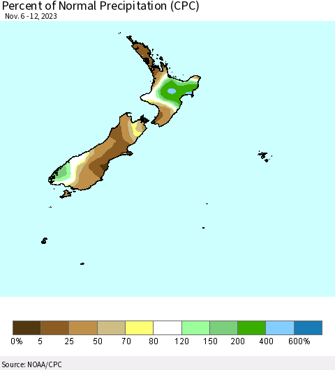 New Zealand Percent of Normal Precipitation (CPC) Thematic Map For 11/6/2023 - 11/12/2023