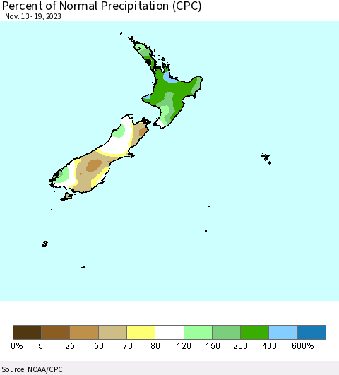 New Zealand Percent of Normal Precipitation (CPC) Thematic Map For 11/13/2023 - 11/19/2023