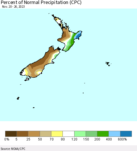 New Zealand Percent of Normal Precipitation (CPC) Thematic Map For 11/20/2023 - 11/26/2023