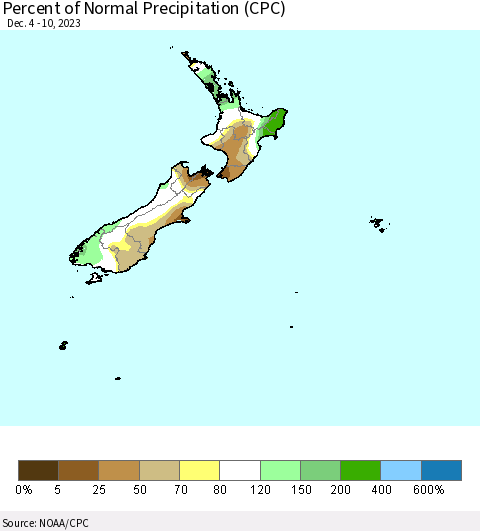 New Zealand Percent of Normal Precipitation (CPC) Thematic Map For 12/4/2023 - 12/10/2023