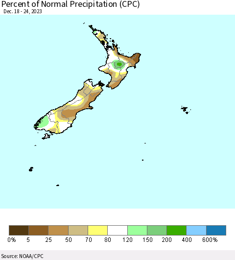 New Zealand Percent of Normal Precipitation (CPC) Thematic Map For 12/18/2023 - 12/24/2023