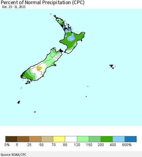 New Zealand Percent of Normal Precipitation (CPC) Thematic Map For 12/25/2023 - 12/31/2023