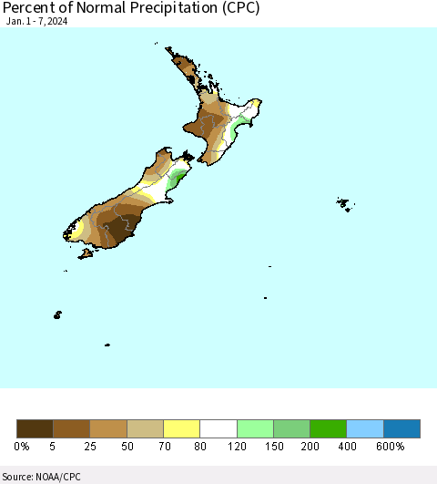New Zealand Percent of Normal Precipitation (CPC) Thematic Map For 1/1/2024 - 1/7/2024
