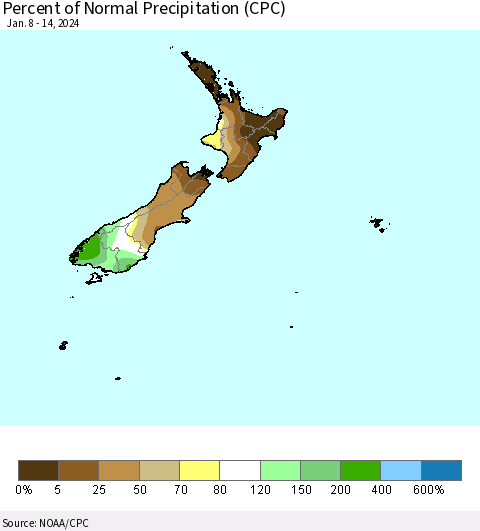 New Zealand Percent of Normal Precipitation (CPC) Thematic Map For 1/8/2024 - 1/14/2024