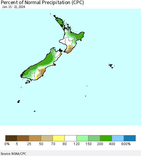 New Zealand Percent of Normal Precipitation (CPC) Thematic Map For 1/15/2024 - 1/21/2024