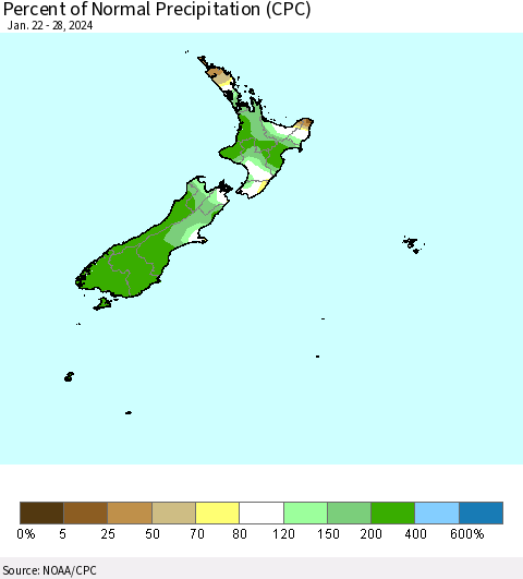 New Zealand Percent of Normal Precipitation (CPC) Thematic Map For 1/22/2024 - 1/28/2024