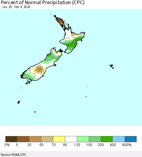 New Zealand Percent of Normal Precipitation (CPC) Thematic Map For 1/29/2024 - 2/4/2024