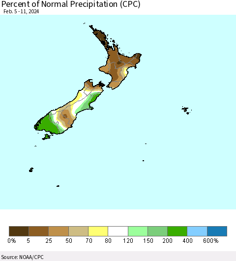 New Zealand Percent of Normal Precipitation (CPC) Thematic Map For 2/5/2024 - 2/11/2024