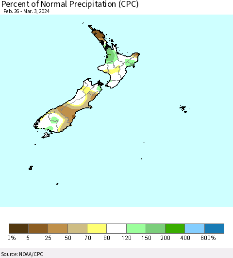 New Zealand Percent of Normal Precipitation (CPC) Thematic Map For 2/26/2024 - 3/3/2024