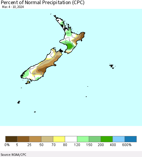 New Zealand Percent of Normal Precipitation (CPC) Thematic Map For 3/4/2024 - 3/10/2024