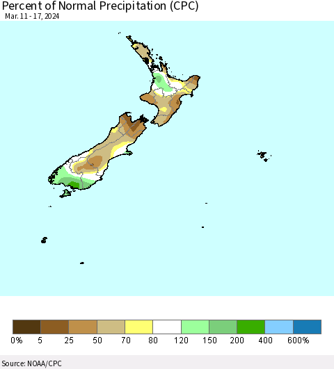 New Zealand Percent of Normal Precipitation (CPC) Thematic Map For 3/11/2024 - 3/17/2024