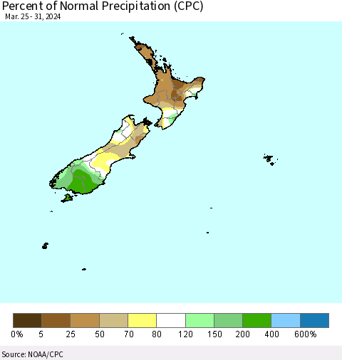New Zealand Percent of Normal Precipitation (CPC) Thematic Map For 3/25/2024 - 3/31/2024