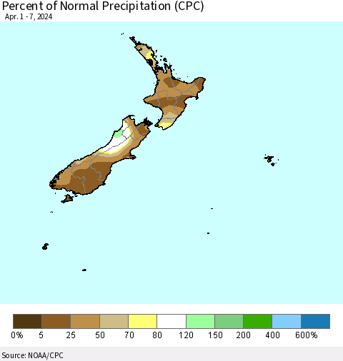 New Zealand Percent of Normal Precipitation (CPC) Thematic Map For 4/1/2024 - 4/7/2024