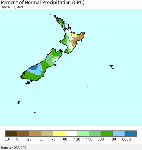 New Zealand Percent of Normal Precipitation (CPC) Thematic Map For 4/8/2024 - 4/14/2024