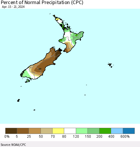 New Zealand Percent of Normal Precipitation (CPC) Thematic Map For 4/15/2024 - 4/21/2024