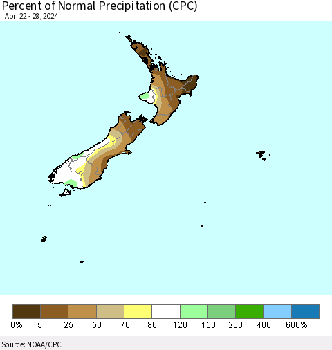 New Zealand Percent of Normal Precipitation (CPC) Thematic Map For 4/22/2024 - 4/28/2024