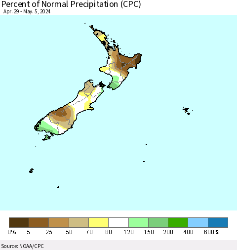New Zealand Percent of Normal Precipitation (CPC) Thematic Map For 4/29/2024 - 5/5/2024