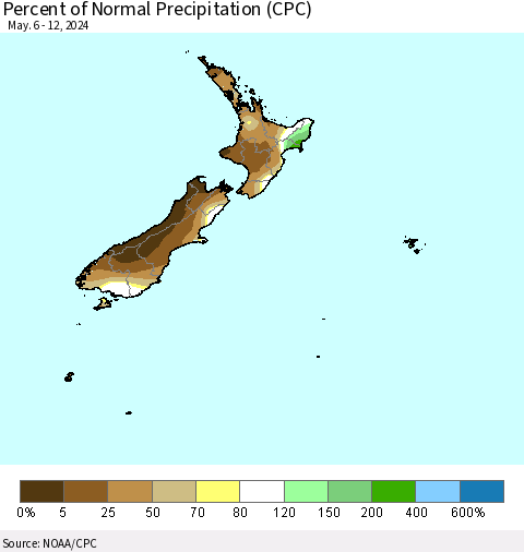 New Zealand Percent of Normal Precipitation (CPC) Thematic Map For 5/6/2024 - 5/12/2024