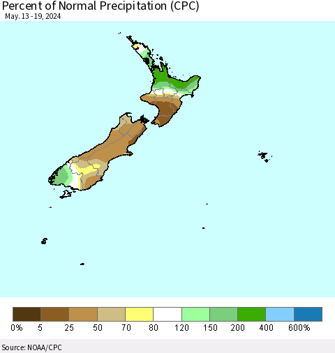 New Zealand Percent of Normal Precipitation (CPC) Thematic Map For 5/13/2024 - 5/19/2024