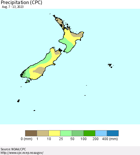 New Zealand Precipitation (CPC) Thematic Map For 8/7/2023 - 8/13/2023