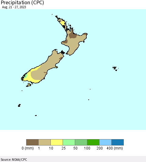New Zealand Precipitation (CPC) Thematic Map For 8/21/2023 - 8/27/2023
