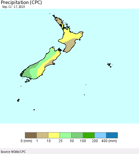 New Zealand Precipitation (CPC) Thematic Map For 9/11/2023 - 9/17/2023