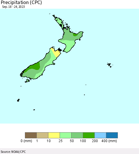 New Zealand Precipitation (CPC) Thematic Map For 9/18/2023 - 9/24/2023