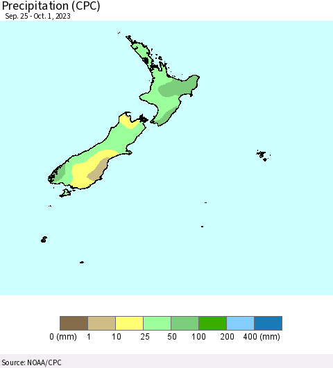 New Zealand Precipitation (CPC) Thematic Map For 9/25/2023 - 10/1/2023