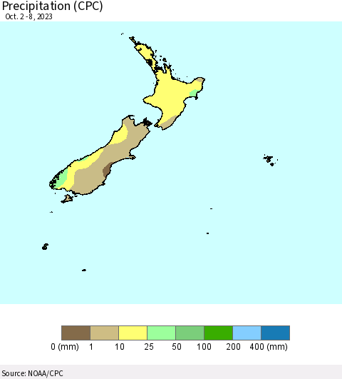 New Zealand Precipitation (CPC) Thematic Map For 10/2/2023 - 10/8/2023