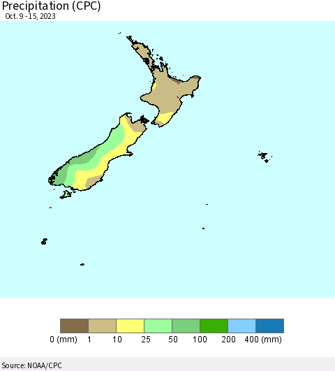 New Zealand Precipitation (CPC) Thematic Map For 10/9/2023 - 10/15/2023