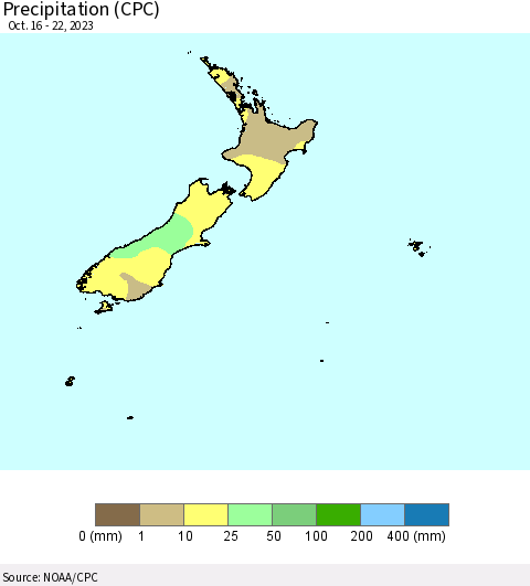 New Zealand Precipitation (CPC) Thematic Map For 10/16/2023 - 10/22/2023